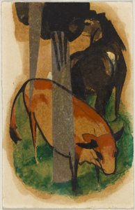 Rood paard en gele koe (Zwart-bruin paard en gele koe), ansichtkaart uit Sindelsdorf aan Alfred Kubin in Wernstein/Zwickledt