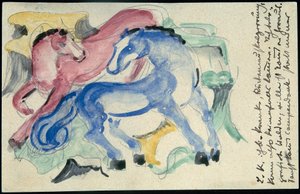 "Rood en blauw paard", Franz Marc uit Sindelsdorf aan Wassily Kandinsky in München: Ansichtkaart, poststempel 05.04.1913
