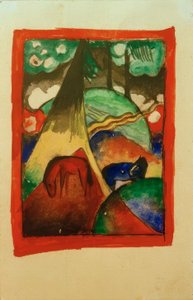 Rood en blauw paard in landschap