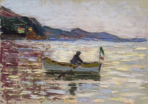 Uitzicht op Rapallo met boot op zee, schilderij van Vassily Kandinsky