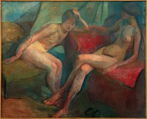 Twee naakten op rode sofa