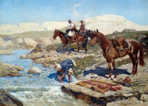 Tsjerkessische ruiters steken de rivier over door Franz Roubaud