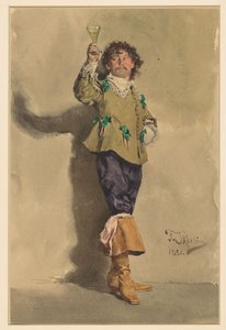 Man in Louis XIII-kledij, staande ten voeten uit, driekwart naar rechts, een glas wijn heffend door Franz Skarbina