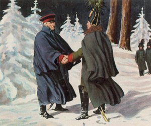 Onderhandelingen tussen Yorck en de Russische generaal Diebitsch, 25 december 1812 (vergrote kleurenlitho)