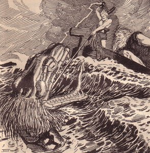Thor en Hymir vissen. Illustratie voor De Edda: Germaanse goden en helden door Hans von Wolzogen