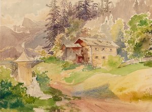 Alpenlandschap met boerderij en vrouw voor Marterl door Franz Steinfeld