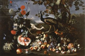 Een pauw en een hen met fruit en bloemen in een park