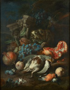 Fruitstilleven met dode patrijs en goudvink