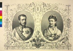 Dubbelbeeld van Franz Joseph I, kroonprins Rudolf en prinses Stephanie
