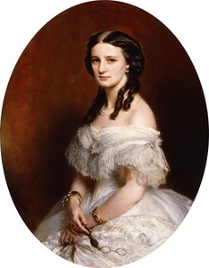 Portret van een dame, halve lengte, in een witte jurk en met een paar lunettes