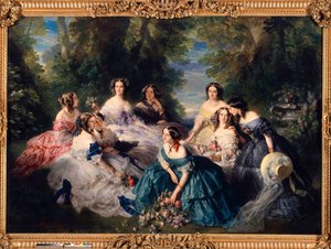 De keizerin Eugenie (1826-1920) in 1855 omringd door de hofdames. Linksonder naar rechts: Prinses van Essling, Grootmeesteres; Barones van Stenen, Viscountess Lezay-Marnezia (Lezay Marnezia); Markiezin van Montebello (Miss de Villeneuve).