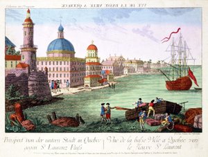 Uitzicht op Lower Town in Quebec richting de St. Lawrencerivier. Gravure door Franz-Xavier Habermann door Franz Xavier Habermann