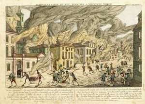 Uitzicht op New York tijdens de grote brand van 1776; Représentation du Feu Terrible à Nouvelle York, 1780 door Franz Xaver Habermann