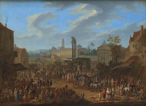 Jaarmarkt met tempel en meiboom