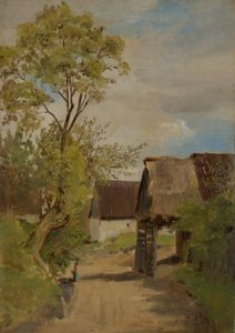 Dorpsstraat in Aresing (?) met vrouwelijke figuur
