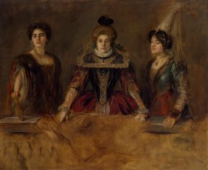 Groepsportret: Drie dames in kostuum (Fräulein Heuberger, Frau Obermayer en Frau Putz) door Franz von Lenbach