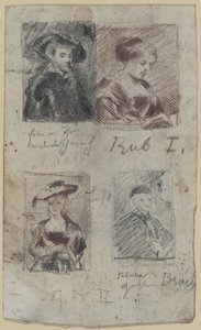 Drie kopieschetsen naar Peter Paul Rubens, een naar Palma Vecchio (?) door Franz von Lenbach, Peter Paul Rubens