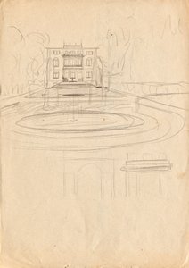Ontwerpschetsen voor Matschs Ateliervilla - Zicht vanuit de tuin met fontein door Franz von Matsch