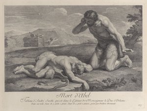 Adam knielt in verdriet naast het lichaam van Abel, terwijl Kaïn op de achtergrond vlucht, ca. 1729 door Frédéric Horthemels