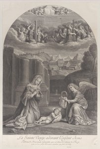 De Maagd Maria aanbidt het Christuskind, een engel houdt een doornenkroon vast aan de rechterkant, ca. 1729 door Frédéric Horthemels