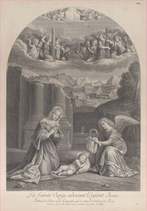 De Maagd Maria aanbidt het Christuskind, een engel houdt een doornenkroon vast (detail) door Frédéric Horthemels