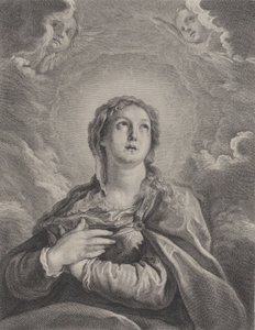 De Maagd, handen gevouwen op haar borst, omhoog kijkend, 1729-1740