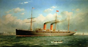 De Cunard Liner R.M.S. Umbria bij Brooklyn Heights, aan de East River, New York door Fred Pansing