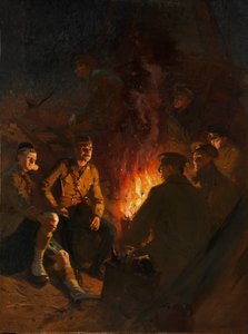 Ergens aan het front, soldaten rond een kampvuur 