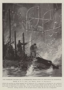 De Nauwe Ontsnapping van een Onderzeeër uit Brand in de Haven van Portsmouth door Fred T. Jane