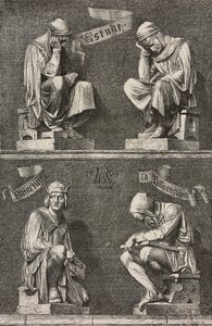 Allegorie van Studie, decoratieve figuren aan de basis van het standbeeld van Martin Schongauer, gemaakt door Auguste Bartholdi voor het klooster van Unterlinden, Colmar, Frankrijk door Frederic Auguste Bartholdi