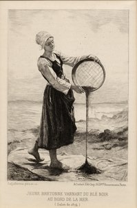 Een jonge Bretonse die boekweit wannen aan de kust, gegraveerd door Cadart in 1874
