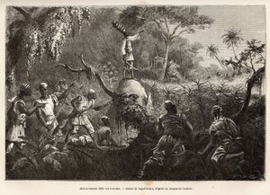 Abd es Samate, vriend en luitenant van Mounza, koning van de Mombuttous, daagt zijn vijanden de Zandes (of niam niam) uit die hen de oorlog hebben verklaard, gravure naar de tekening van Laguillermie, ter illustratie van een reis naar het hart van Afrika,  door Frederic Auguste Laguillermie