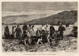 De geologische missie van de Verenigde Staten is jong in de vlakte, geëtst naar de tekening van Laguillermie, ter illustratie van een reeks geografische missies door het United States National Park, van 1870 tot 1872, door de heren Hayden, Doane en Langfor