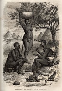 Typen en activiteiten van vrouwen Bongos (Centraal-Soedan), met hun metalen versieringen, bellen en nietjes die ze op hun oren en lippen zetten, gravure naar de tekening van Laguillermie, ter illustratie van de reis naar het hart van Afrika in 1868-1871, d
