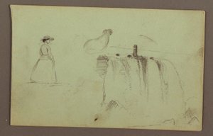 Een Wandelend Meisje, een Hurkende Kip en de Amerikaanse Watervallen aan de Niagara Rivier