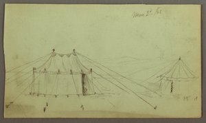 Tekening, Een versierde langwerpige tent en een cirkelvormige tent vastgemaakt met touwen, 2 maart 1868 door Frederic Edwin Church