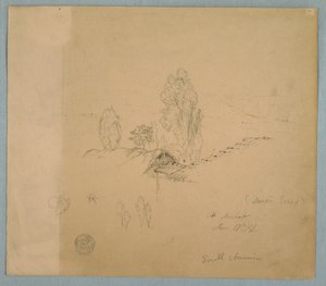 Tekening, Een rieten dak en een pannendak met boomtoppen in een berglandschap bij Chimborazo, Ambato, Ecuador, 17 juni 1857 door Frederic Edwin Church
