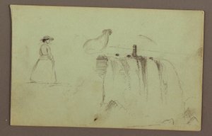 Tekening, Een wandelend meisje, een hurkende kip en de Amerikaanse watervallen op de Niagara rivier, mogelijk 1856 door Frederic Edwin Church