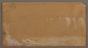 Tekening, American Falls, Goat Island en een deel van de Horseshoe Falls, gezien vanaf de Canadese oever van de Niagara River, mogelijk 1858 door Frederic Edwin Church
