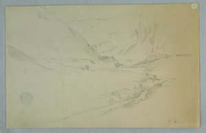Tekening, Andiaanse bergvallei met kronkelende stroom, Colombia of Ecuador, 1857 door Frederic Edwin Church
