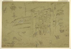 Tekening, Architectonische details van El Khasneh, Petra, eind februari 1868 door Frederic Edwin Church