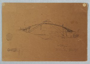 Tekening, Bamboe Brug bij Buga, Colombia en Meisje Draagt een Kruik, Cartago, Colombia, juli 1853 door Frederic Edwin Church
