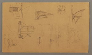 Tekening, Bootstudies, Wolkenstudie, Twee gebouwen, mogelijk 1868 door Frederic Edwin Church