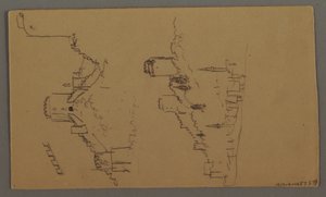 Tekening, Bootstudies, Wolkenstudie, Twee gebouwen, mogelijk 1868 door Frederic Edwin Church
