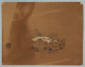 Tekening, Brug over de rivier Combeima bij Ibaque, Colombia, 16 juli 1853 door Frederic Edwin Church