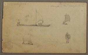 Tekening, Bungoes: Schetsen van zeilboten en werkende mannen, langs de Rio Magdalena, Colombia, mei 1853 door Frederic Edwin Church