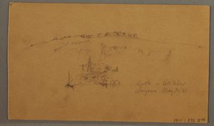 Tekening, Kasteel, Minaret, Zeilboten, Huis, mei 1868 door Frederic Edwin Church