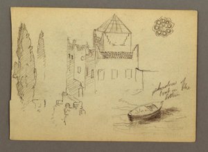 Tekening, Kasteel aan het water, boot, bomen, mogelijk 1868 door Frederic Edwin Church