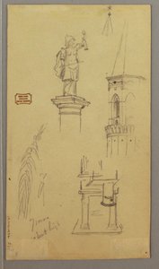 Tekening, Kerk, Gebouw, Overdekte Brug, mogelijk 1868-69 door Frederic Edwin Church