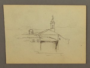 Tekening, kerktoren aangrenzende gebouwen, mogelijk 1868-69 door Frederic Edwin Church